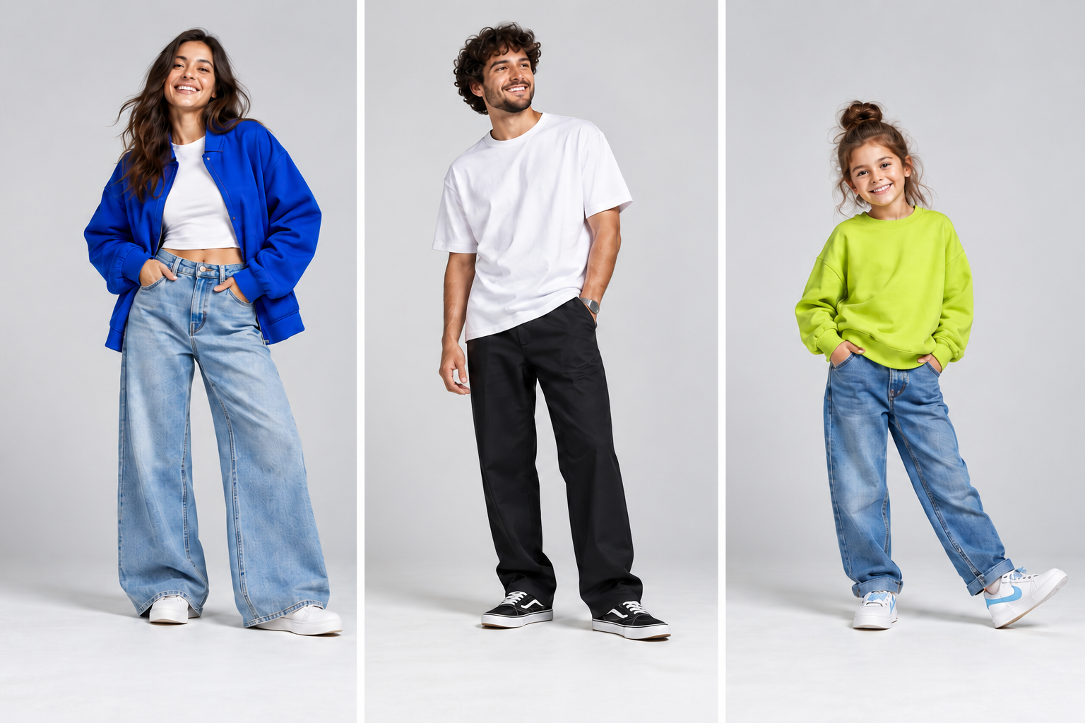 Fashion inspiration: a woman in blue, a man in white and a child in lime.